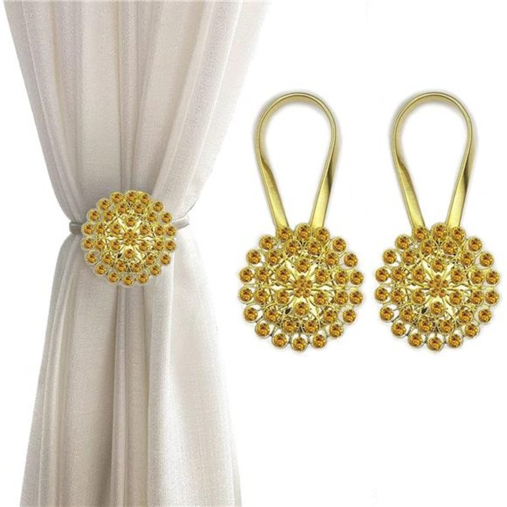 2 Pack Sparkling Crystal Flower Curtain Tiebacks Curtain Buckle Clips - Yellow